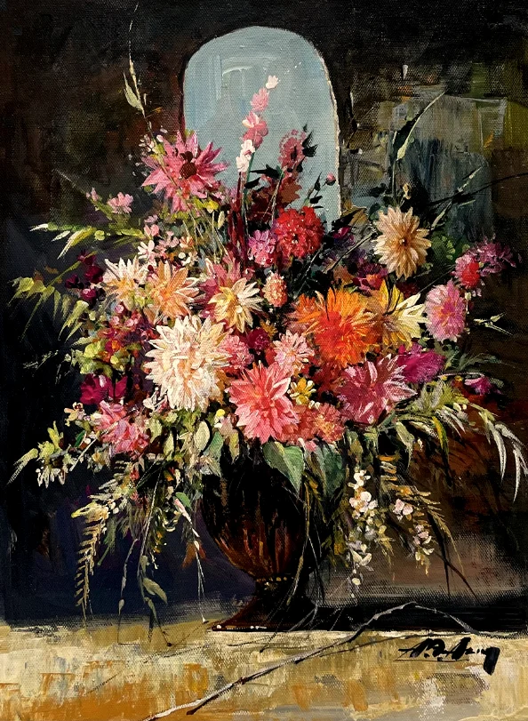 Alim Adilov festőművész Virágcsendélet 40x30 cm olajfestmény
