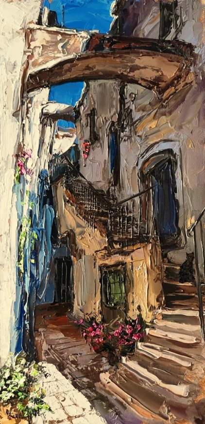 Király Nikoletta festőművész Sikátori lépcsők 40x20 cm olajfestmény