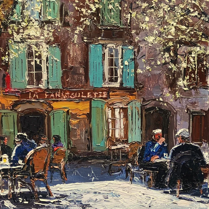 Király Nikoletta festőművész Tavasz a téren 30x30 cm olajfestmény