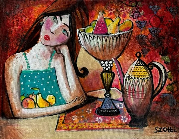 Szatmári Ottília festőművész Álmodozás a gyümölcsöben 24x30 cm olajfestmény