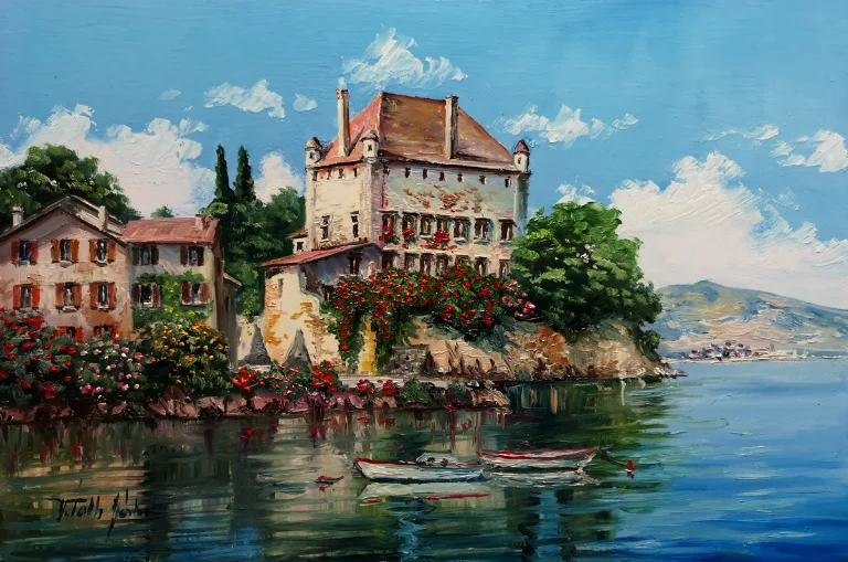 V Tóth Gábor festőművész Itáliai idill - tóparti kastély 40x60 cm olajfestmény