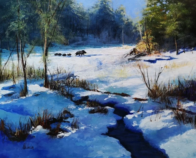 Wilhelm Éva festőművész Téli erdő 40x50 cm olajfestmény
