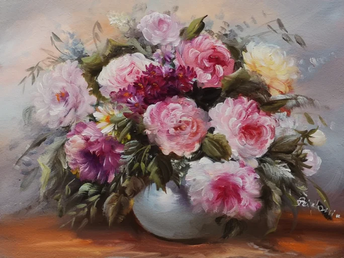 Szidónia festőművész Virágkompozíciók 1. 30x40 cm olajfestmény