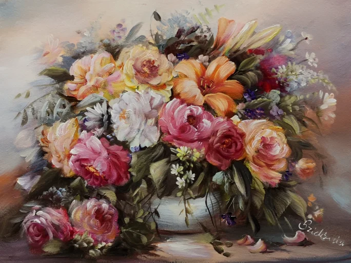 Szidónia festőművész Virágkompozíciók 4. 30x40 cm olajfestmény