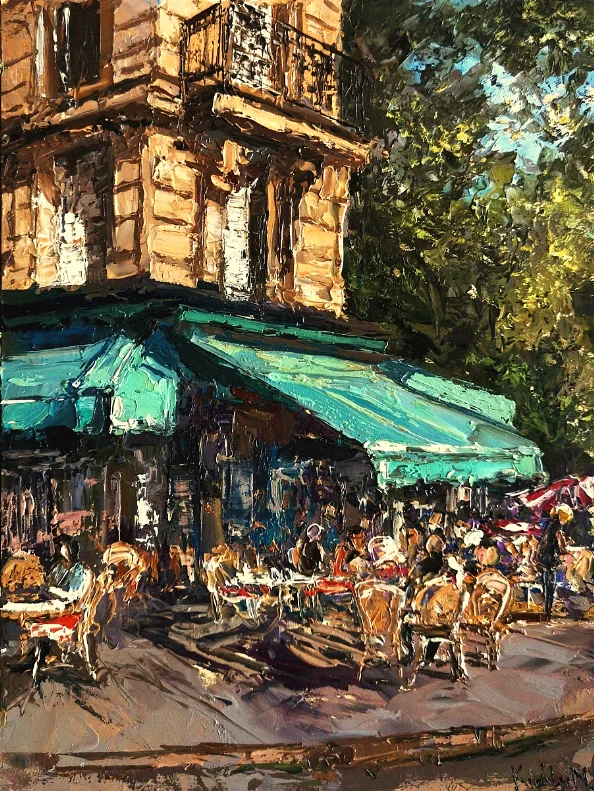Király Nikoletta festőművész Délután a teraszon 40x30 cm olajfestmény